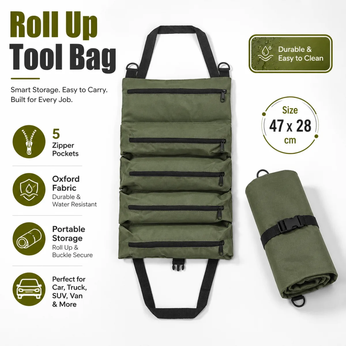 Heavy Duty Roll Up Tool Bag, Oxford Fabric Multi Tool Organizer for Mechanics Electricians Carpenters, Garage