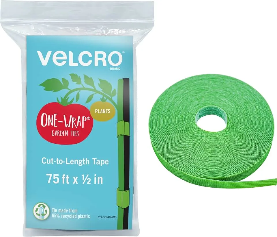 VELCRO Brand Adjustable Plant Ties | 75 ft x 1/2 in Green Garden Tape | Reusable, Cut-to-Length Hook & Loop Pl