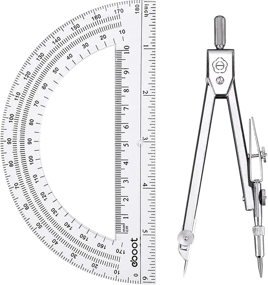 EBOOT Drawing Compass and 6 in Protractor Geometry Set, Clear | Geometry Math Set, Swing Arm Protractor Ruler
