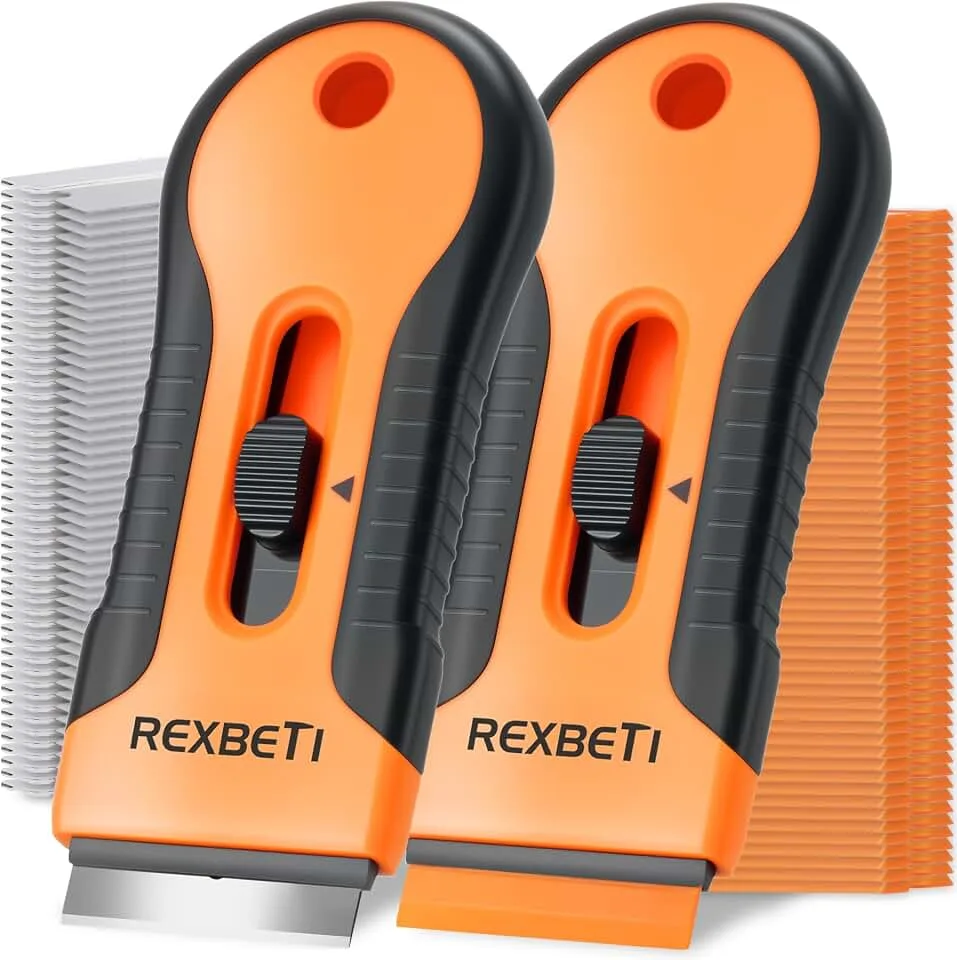 REXBETI Razor Blade Scraper Tool, 2 Pack Razor Scraper Set with Extra 80Pcs Razor Blades -30Pcs Metal and 50Pc