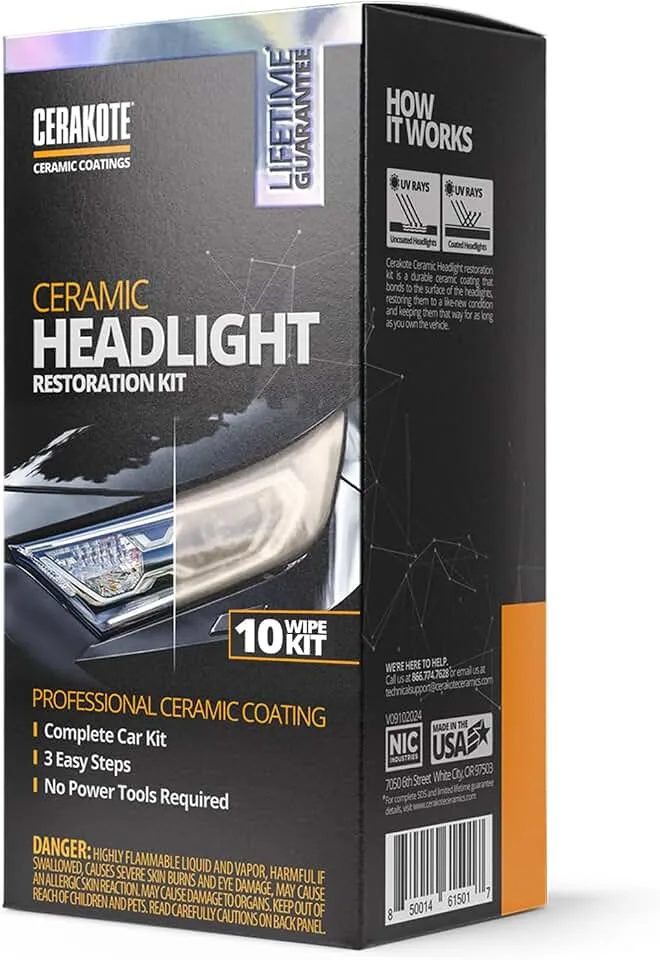 CERAKOTE® Ceramic Headlight Restoration Kit, No Power Tools, 10 Wipe Kit | Restores clouded, yellowed headligh