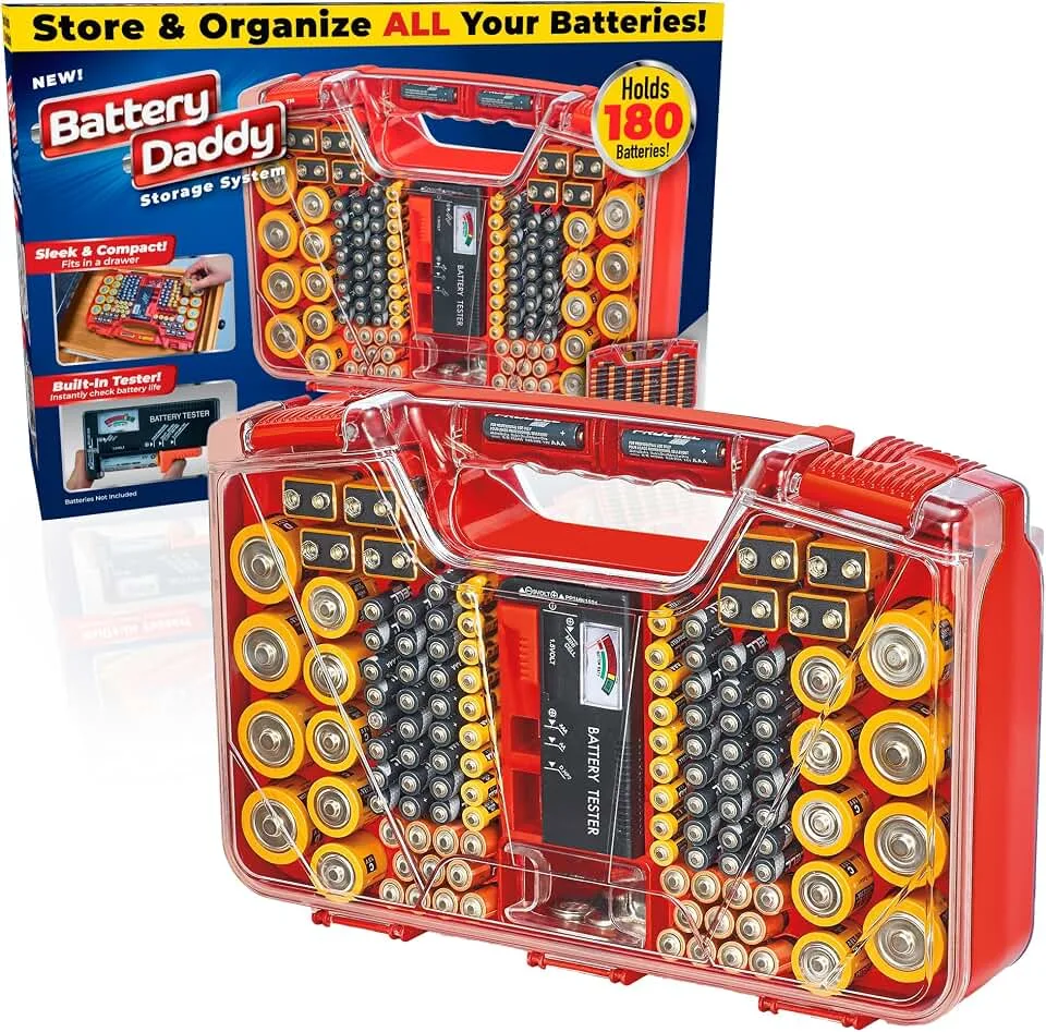 Ontel Battery Daddy Storage & Organizer Case w/Tester, Stores & Protects Up to 180 Batteries, Double-Sided, Cl