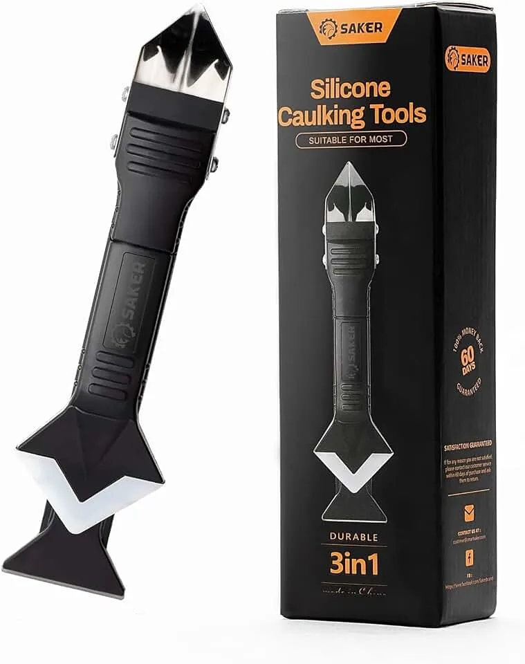 Saker Silicone Caulking Tool 3-in-1 Grout Removal Tool Classic Black | Sealant Finishing Scraper with Stainles