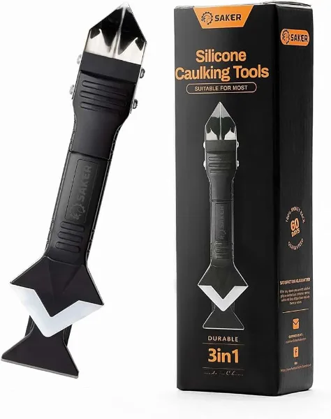Saker Silicone Caulking Tool 3-in-1 Grout Removal Tool Classic Black | Sealant Finishing Scraper with Stainles
