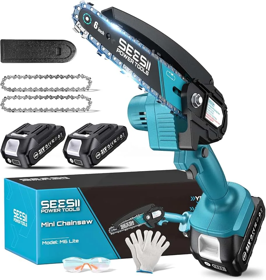 Seesii Mini Chainsaw, 6-inch Mini Chainsaw Cordless, Handheld Electric Power Chain Saw with 2 Batteries, for T