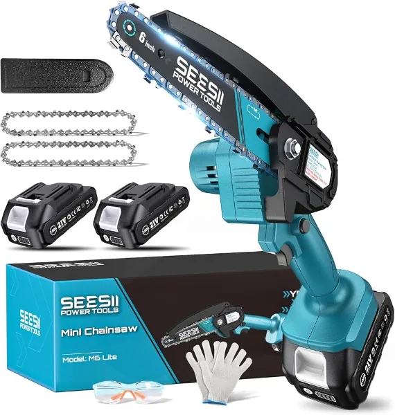 Seesii Mini Chainsaw, 6-inch Mini Chainsaw Cordless, Handheld Electric Power Chain Saw with 2 Batteries, for T
